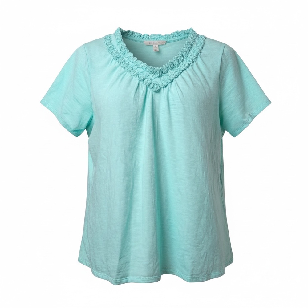 Coldwater Creek 1X Aqua Blue Short Sleeve Top | Textured V-Neck | Soft Knit